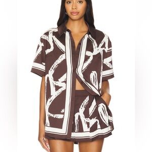 Brown and White Abstract Short-Sleeve Button Down Shirt